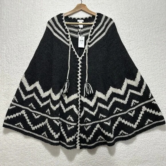 J. Jill Black & White Knit Poncho V-neck w/ Tassel Ties & Geometric Patterns NWT - Picture 2 of 11